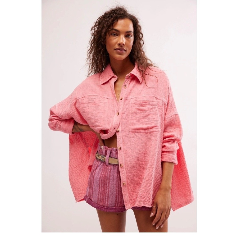 Free People We The Free Summer Daydream Button Down Gauze Pink Medium oversized